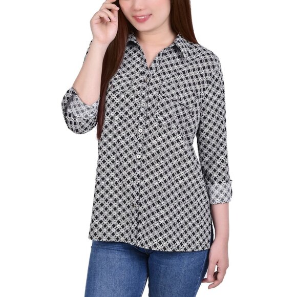 NY Collection 3/4 Sleeve Roll Tab Notch Collar Blouse Size PL Black White Petite - Picture 1 of 3